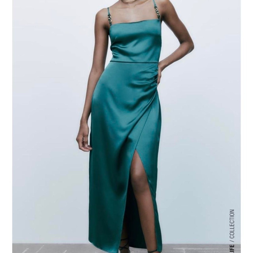 Zara Green Ruched Slip Maxi Dress